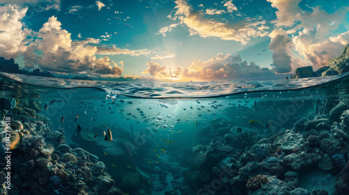 The captivating view from underwater as the setting sun meets the ocean's surface, teeming with vibrant marine life