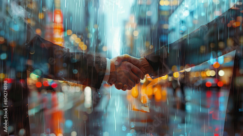 An artistic depiction of a handshake amidst rainfall with a blurred, brightly illuminated cityscape background
