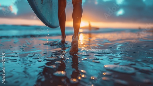 A beautiful young slim sporty woman in bikini with a surfboard is standing at ocean beach at sunset