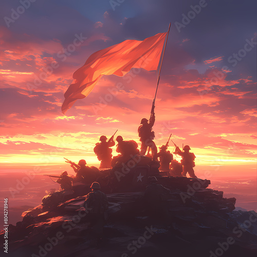 Military Unit Raising Flag at Sunrise - A Tribute to Courage and Unity