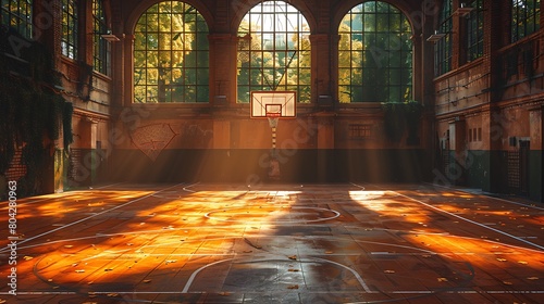 A basketball court with a pixelated pattern, representing the digital age.