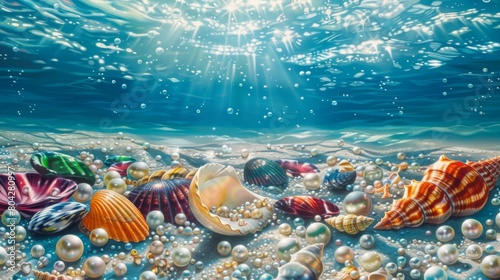 Underwater Dreamscape with Sunlit Seashells and Pearls