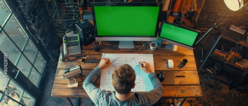 A view from the top of an architect drawing on his blueprints, comparing it to a tablet with a green screen, and also using a desktop computer with useful objects.