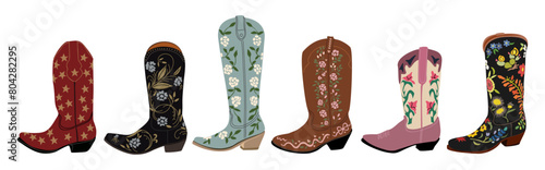 Collection of different cowgirl boots. Traditional western cowboy boots bundle decorated with embroidered wild west ornament. Realistic vector art illustrations on transparent background.