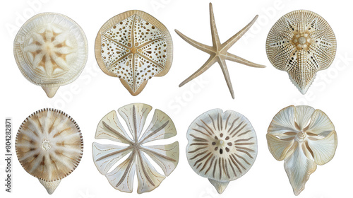 The image shows a collection of sand dollars, which are flat, round echinoderms with a radial symmetry in isolated on transparent background