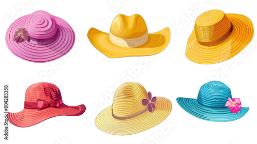 A collection of summer hats in isolated on transparent background