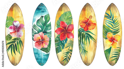 Colorful surfboard designs with tropical flowers and leaves. Perfect for summer vibes and beach life in isolated on transparent background