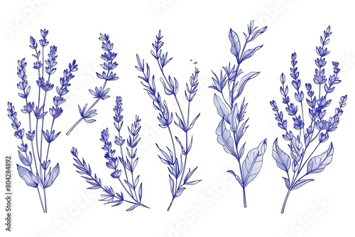 Set of lavender frame templates in minimal linear style with hand drawn branches and leaves. Botanical vector illustration for labels, corporate identity, wedding invitation, logo, save the date .