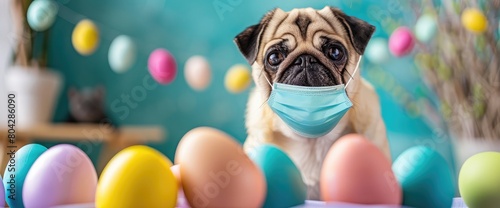 Funny little pug dog among colored painted Easter eggs and medical face mask . selective focus, happy easter
