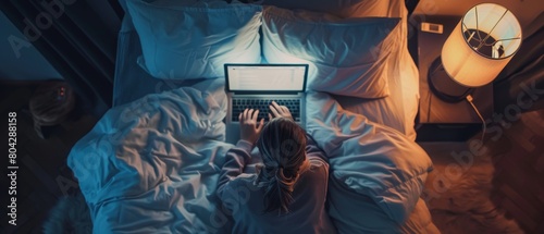 At night a young woman sits in bed working on a laptop computer. She is getting ready for an exam, and an exceptionally dedicated project manager is completing work in bed.