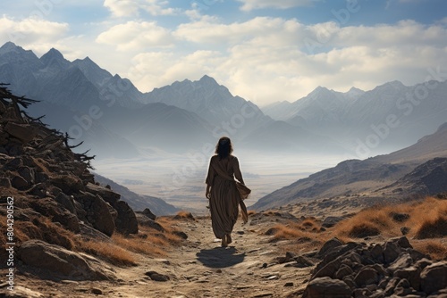 Nature of Pakistan. Woman is walking in a desert with mountains in the background. Woman is wearing a long robe. The scene is peaceful and serene, with the vast expanse of the desert.