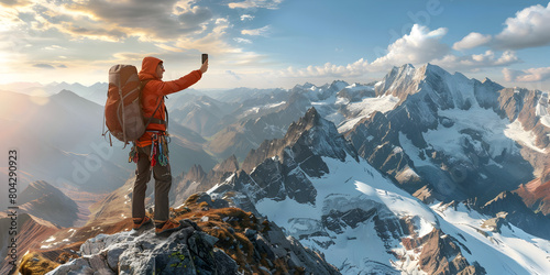a man holding phone searching for signals on mountains , A mountaineer stands on a snowy mountain top holding phone
