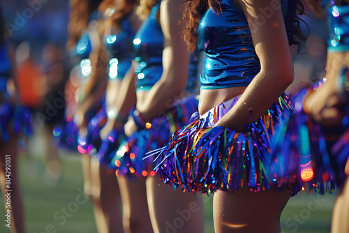 Cheerleaders in mid-performance at a football game, with a close-up on their synchronized movements and vibrant outfits