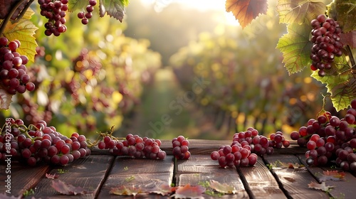 Bountiful Autumn Vineyard Tabletop with Vibrant Grape Clusters and Lush Foliage