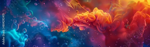 Abstract background of orange and blue, colorful liquid flowing in the air with bubbles.