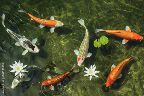 Koi carp seen from above in a clear pond with some water lilies.