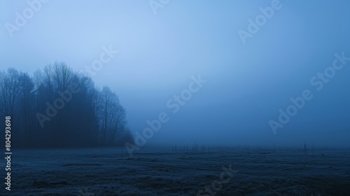 Mystical morning fog over a sparse winter landscape, evoking solitude and mystery, Concept of tranquility and natural environments 