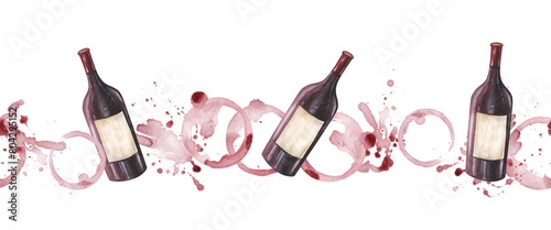 Red Wine bottle with splatters and splashed seamless border. Hand drawn watercolor illustration isolated on white background. For winery, packaging, foo menu, restaurant, cafe