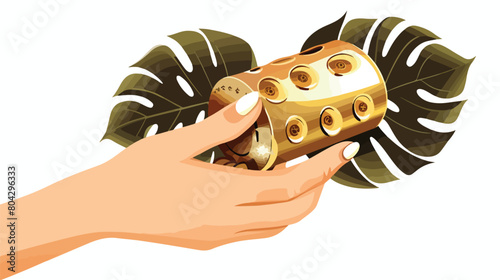Female hands with metal face massage roller and gol