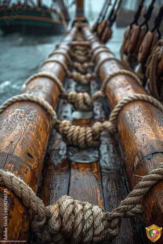 A close up of the rigging on a wooden ship.