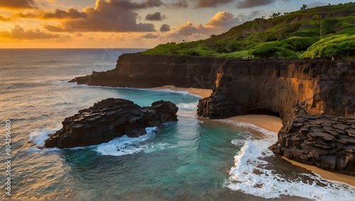 beautiful scenery of rock formations by the sea at queens bath, kauai, hawaii at sunset