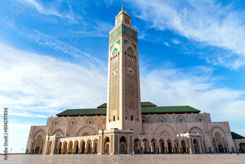 Hassan II Mosque is mosque on a summer day in Casablanca. The largest mosque in Morocco