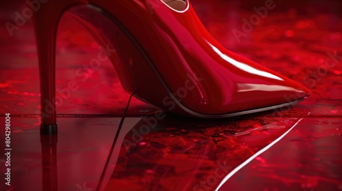 A close-up shot of a pair of glamorous stiletto heels in a vibrant ruby red, showcasing sleek lines and intricate detailing. 