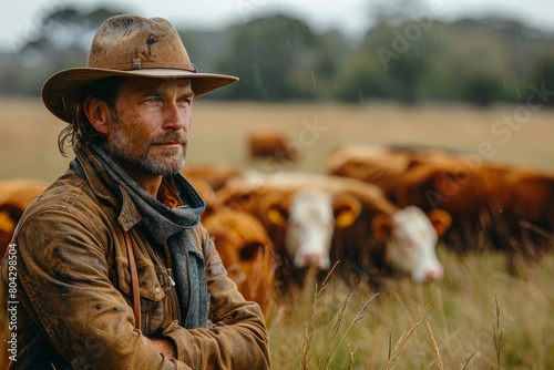A contemplative man stands with cows in a rainy field, symbolizing rustic solitude and farming life