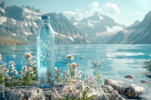 Advertisement for fresh sparkling water in front of mountain landscape, 3D illustration