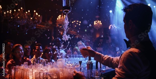 The audience is amazed and applauds as the magician pours a seemingly endless stream of mocktails from a single bottle in a neverending fountain of drinks.