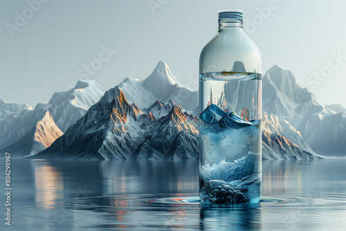 Bottle of fresh water concept, mountains inside a bottle, 3D illustration, creative