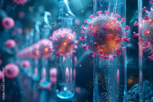 Background concept on coronavirus outbreak from wuhan, china with medical ampoules and laboratory glassware, 3d, illustration
