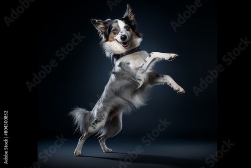 blue merle border collie dog dancing on dark blue background. Veterinary clinic, grooming salon, pet shop ad.