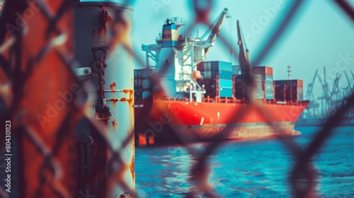 Minimalist photo - view through the fence at a distant cargo ship in the bay of Trieste