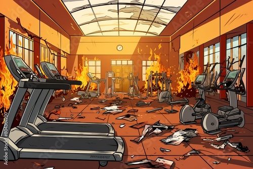 A gymnasium filled with debris on the floor after a fire caused by faulty wiring. Pieces of equipment, wood, and metal scattered around the room, with smoke stains on the walls
