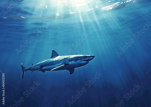 Majestic Great White Shark Swimming Serenely in Sunlit Blue Ocean Depths