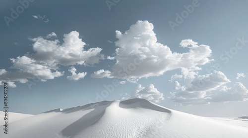A minimalistic photo taken in Australia Mungo national park showing the blue sky with fluffy white clouds and a dune of the edge of the desert 
