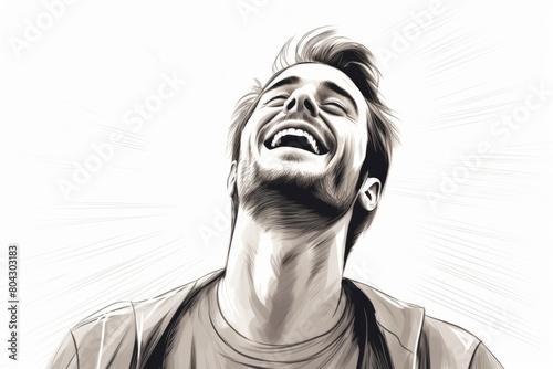 A black and white drawing of a man throwing his head back in laughter, capturing a moment of genuine joy and amusement