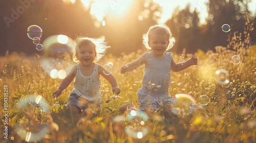 Two Little Girls Running Through a Field of Bubbles