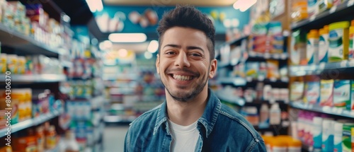 Handsome Latino showing the correct box in a drugstore, smiling happily on camera. Store with health care products. Customer recommending best vitamins.