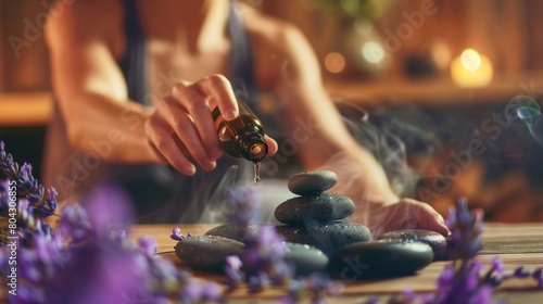A woman pouring lavender oil onto hot stones in a sauna creating a relaxing and theutic aroma for her menopause management session..