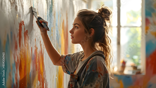 Beautiful woman concentrating on painting art on the wall in her art room
