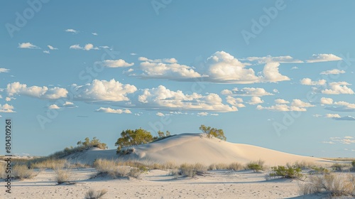 A minimalistic photo taken in Australia Mungo national park showing the blue sky with fluffy white clouds and a dune of the edge of the desert 