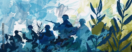 Abstract depiction of NATO peacekeeping soldiers in a dynamic, colorful brushstroke style