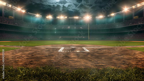 Space Copy Stadium Outdoor Field Baseball sport plate mound softball crowd fan spotlight illuminated game match arena grass dirt clay competition background turf league no people bright