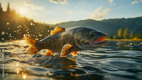 Close up of fish black bass (Micropterus salmoides) jumping from the water with bursts in high mountain clean lake or river, at sunset or dawn, picturesque mountain summer landscape. Copy space.