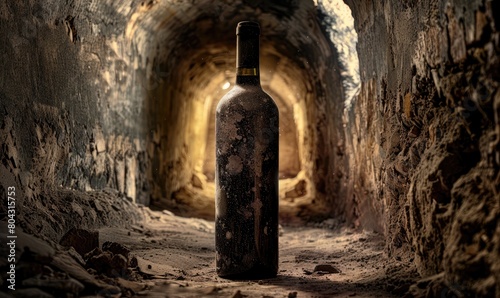 A wine bottle in an ancient wine cellar