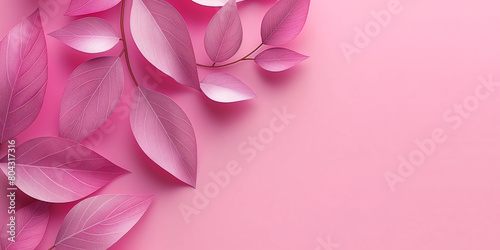 Pink plain background with leaves, copy space 