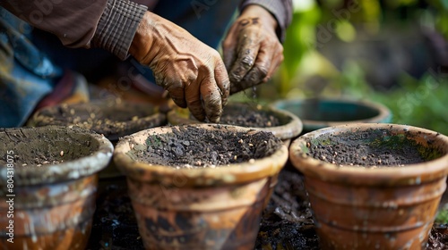 Closeup view of gardener preparing arranged pots for the seeds planting