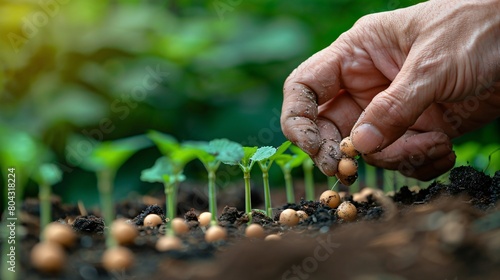 Closeup view of gardener planting seeds in the garden. Agriculture concept